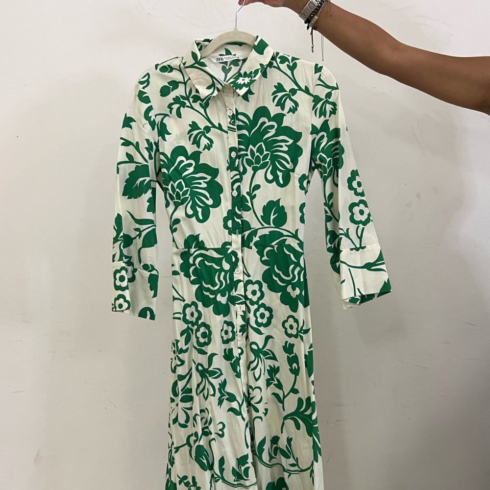 Zara Floral Printed Poplin Green Maxi Dress Size M